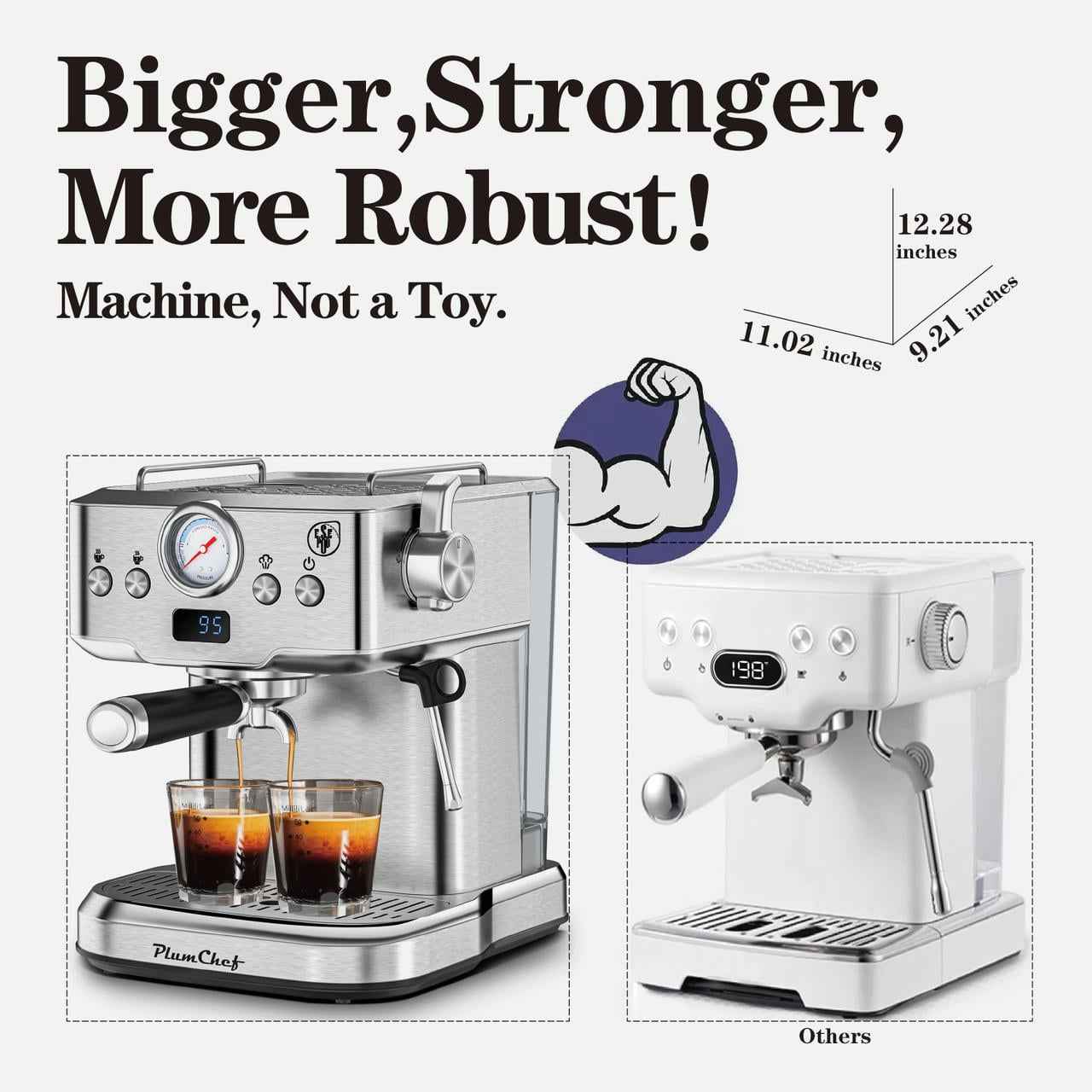 Plum Chef Espresso Machine 20 Bar Maker Coffee Machine 1.8L Water Tank, Stainless Steel, Silver