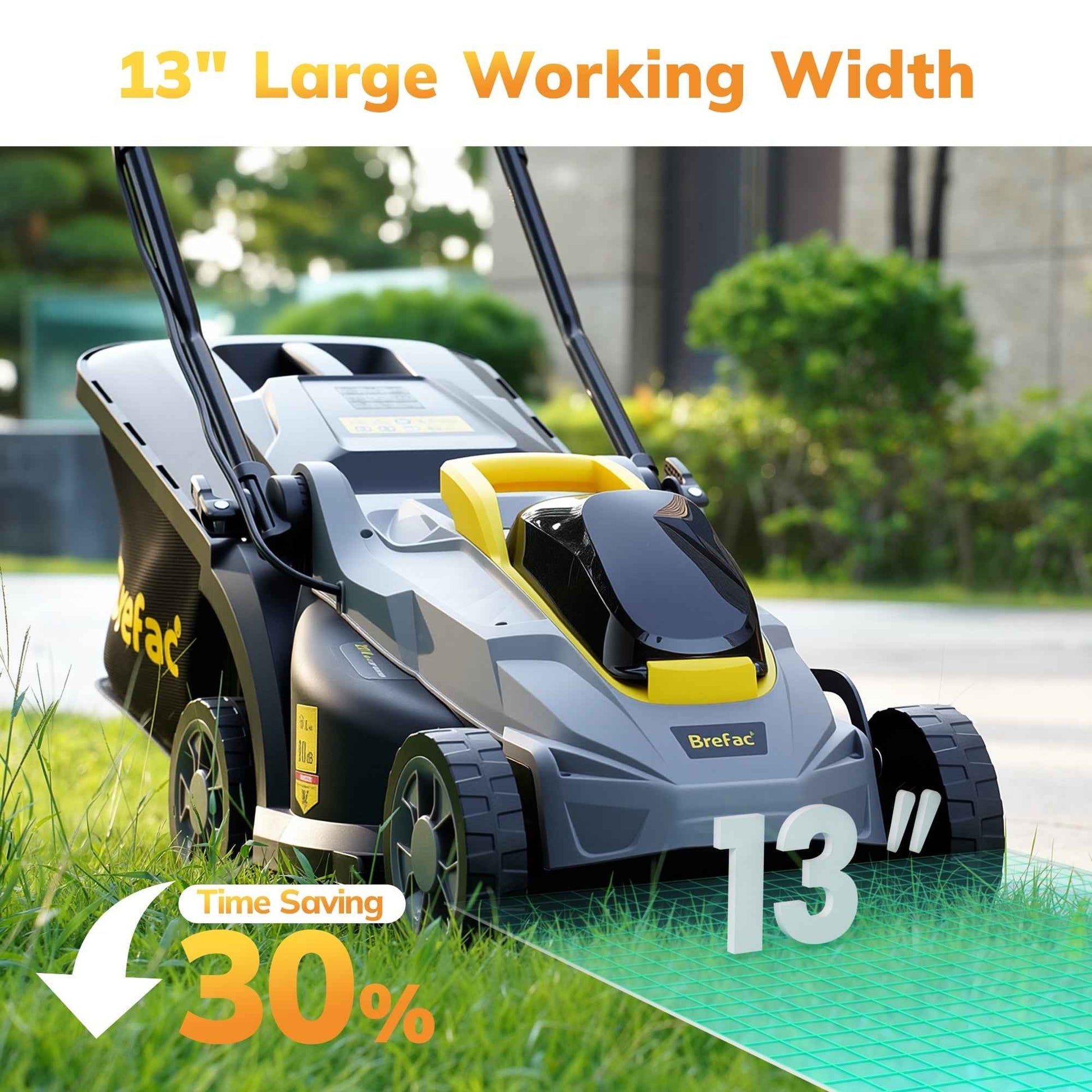 Brefac 20V 13'' Cordless Lawn Mower, Multi-Functional Grass Cutter with 4.0Ah Battery, 5 Adjustable Height Settings, Durable Manganese Steel Blades, Easy to Use for Small Lawn