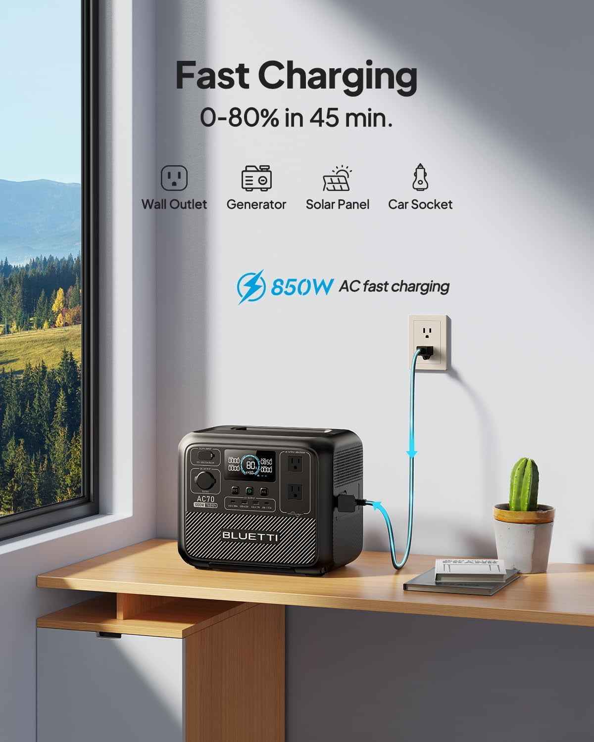 BLUETTI AC70 Portable Solar Generator, 768Wh LiFePO4 Power Station,80% Charge in 45 Mins, 1000W Rated Power (2000W Lifting Power) for Camping, Hiking, Home Backup