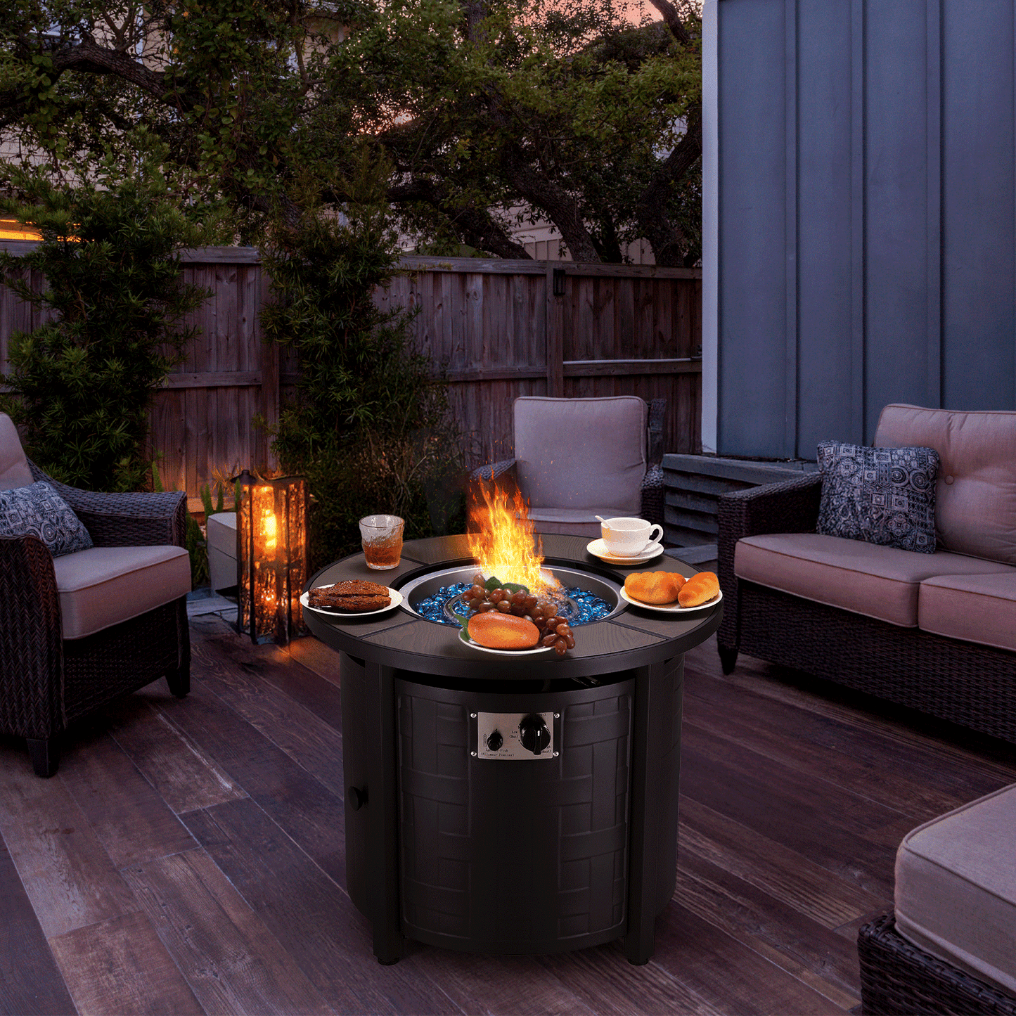 TLGREEN 30" Propane Fire Pit Table with Lid and Blue Stone, 50,000 BTU Auto-Ignition Circular Gas Fire Pit for Outdoor, with CSA Certified