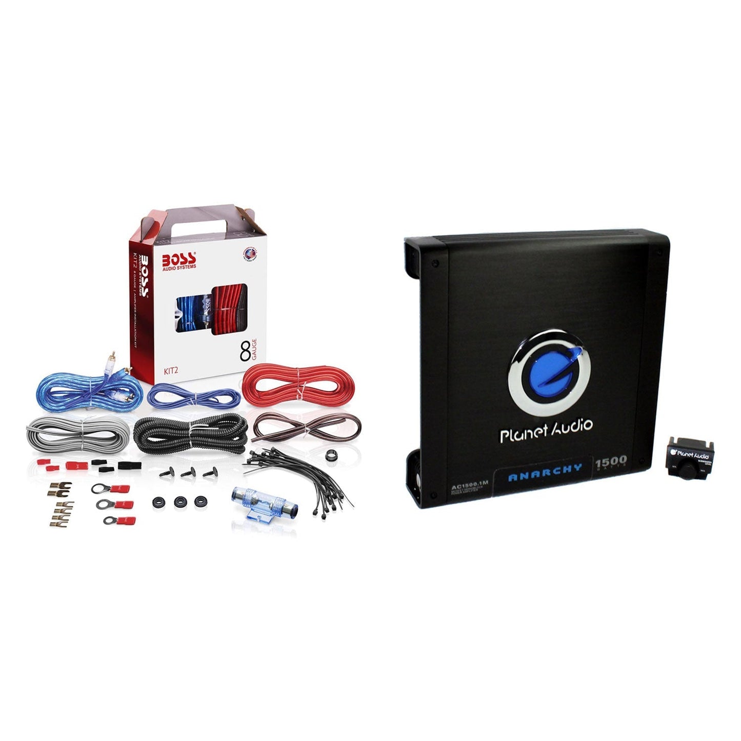 Planet Audio AC15001M Car Audio Amplifier with Remote & BOSS 8 Gauge Wiring Kit - Find Fresh Goods