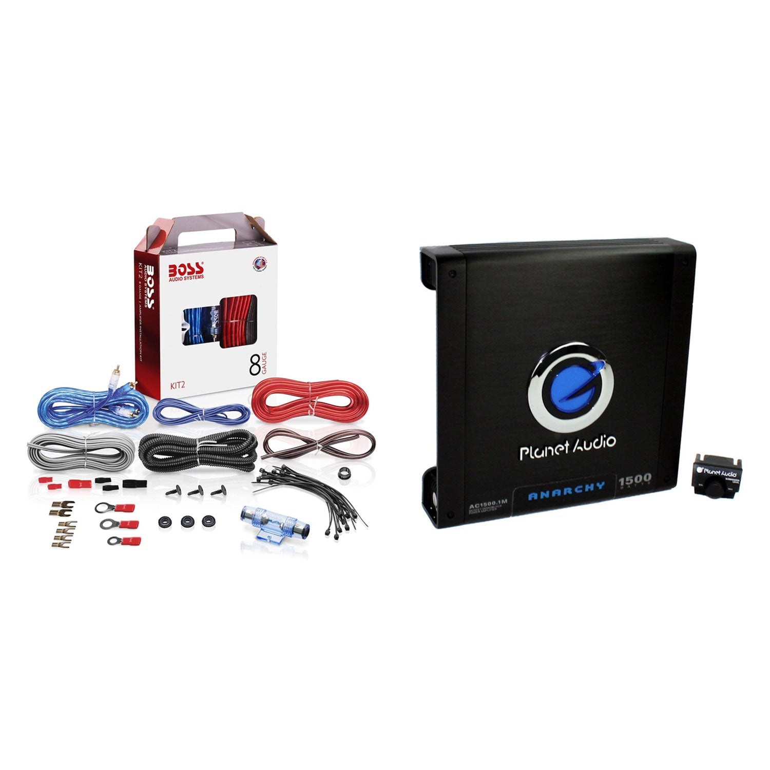 Planet Audio AC15001M Car Audio Amplifier with Remote & BOSS 8 Gauge Wiring Kit - Find Fresh Goods