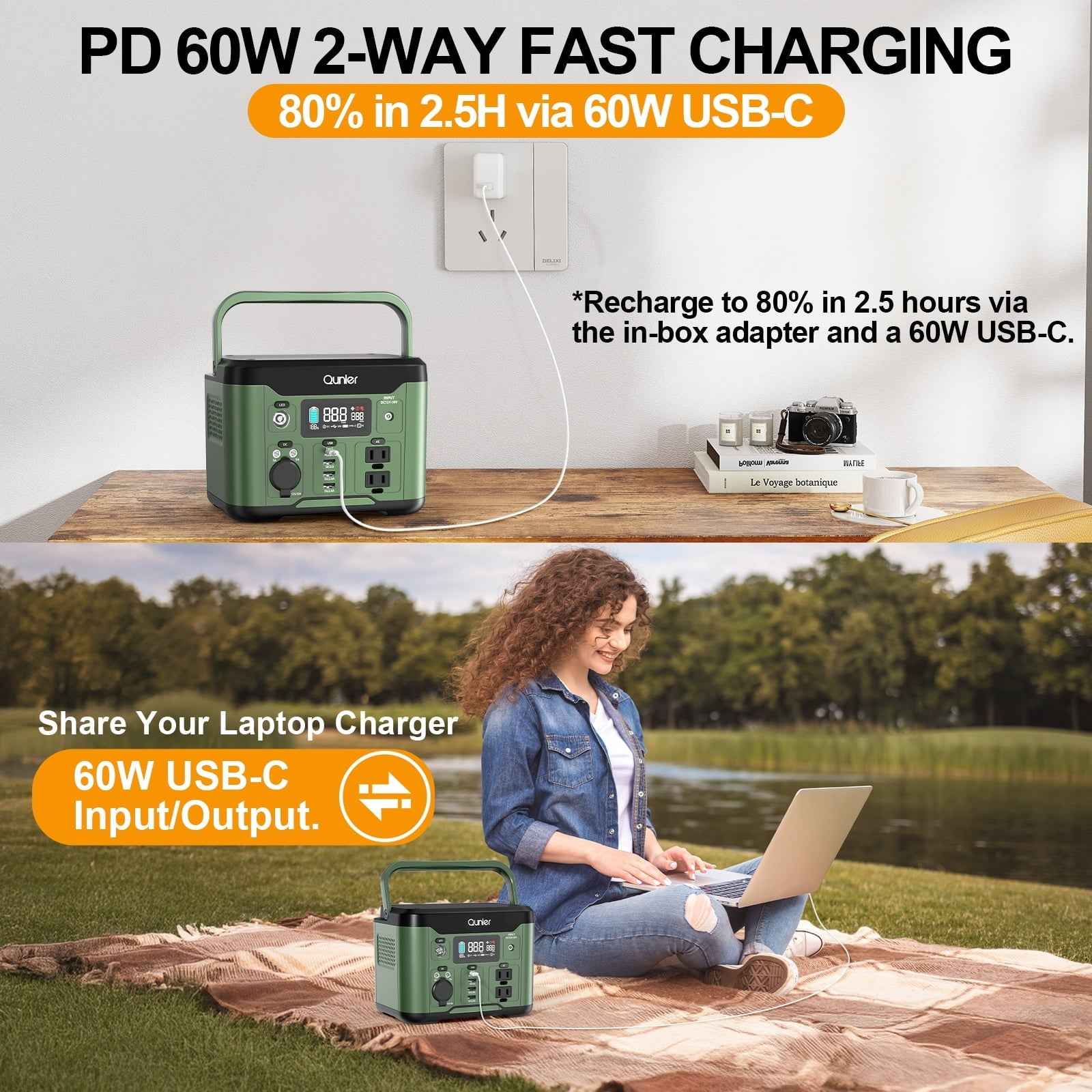 Qunler 300W Portable Power Station 296Wh 80000mAh with 60W PD In/Output Fast Charging, 120V AC Outlets Outdoor Solar Generator for Camping, RV, Home Backup, Emergency Power, Green No Solar Panel