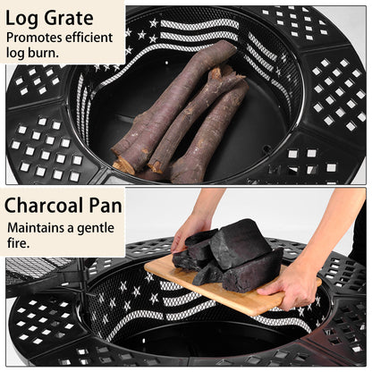 TrumanPick Fire Pit for Outside 42" Wood Burning Fire Pit Tables with 2 Adjustable Swivel BBQ Grills, Lid, Poker for Patio Backyard BBQ Ice Storage