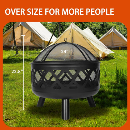 Red Mountain Valley Outdoor Wood Burning Fire Pit 24'' with Poker and Cover, 2-in-1 Functionality Cross-Woven Steel Fire Pits for Outside, Outdoor Fireplaces for Camping,BBQ, Patio,Backyard