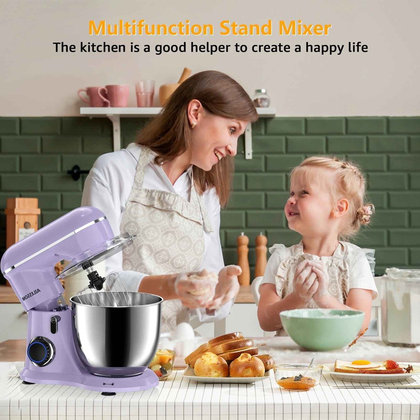 Ailessom New Stand Mixer,6.5-QT 10-Speed Tilt-Head Kitchen Electric Mixer with Bowl, Dough Hook, Beater, Whisk for Most Home Cooks, (Vine Purple）