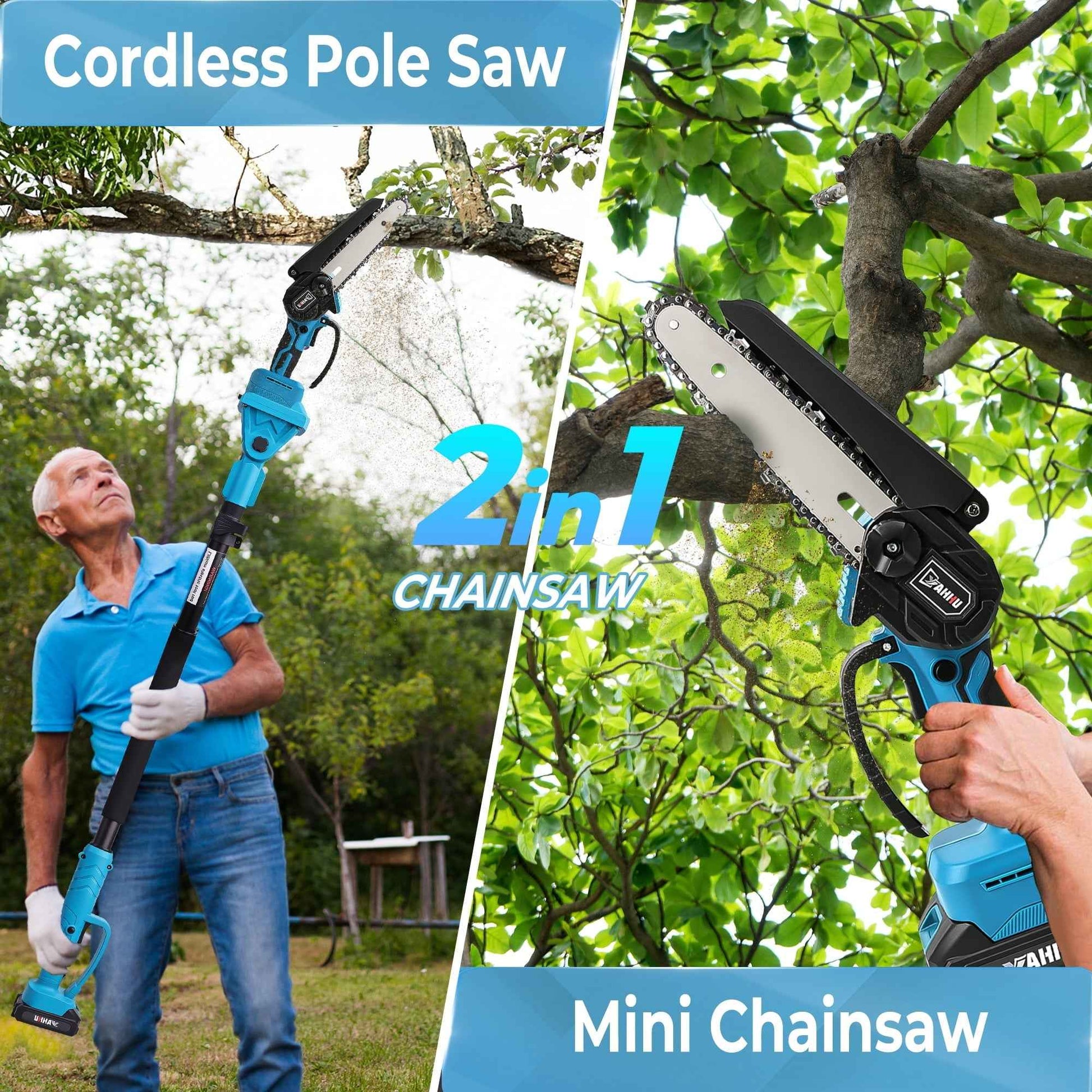 HOTREE 2 in 1 Cordless Pole Saw, 6-inch Pole Chainsaw Mini Handheld Chainsaw, 15 ft Extension Pole Saw for Effortless Tree Trimming