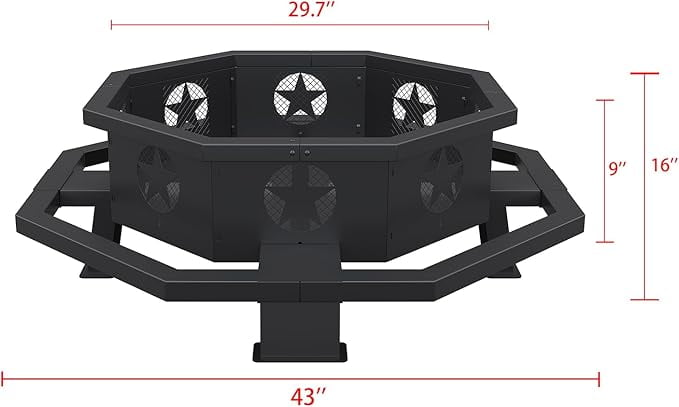 43 inch Fire Pit, Outdoor Wood Burning Fire Pit Octagonal Heavy Duty Firepit for Camping, Backyard, Patio, Black