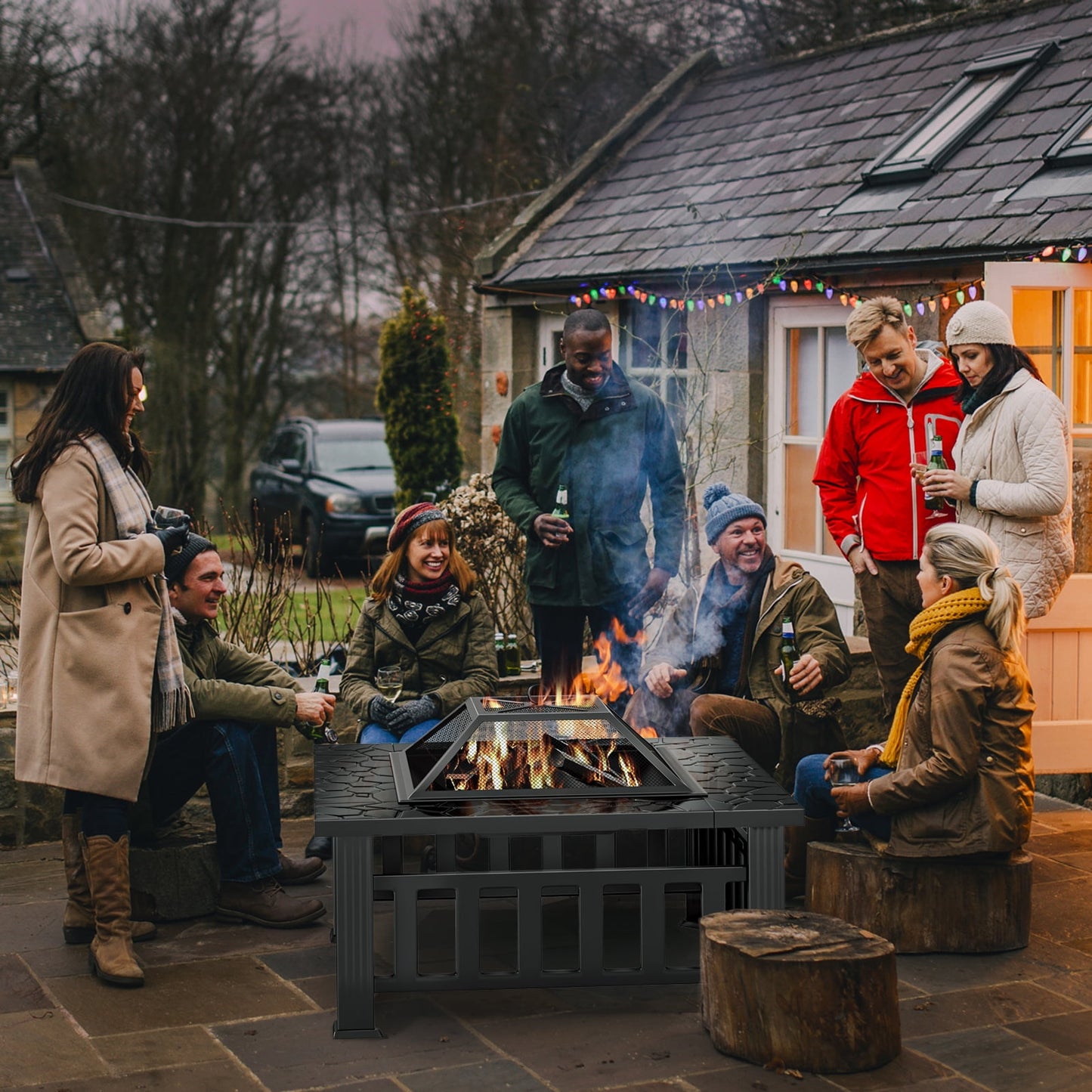 KingChii 32" Fire Pit Table Wood Burning Square Metal Firepit for Outdoor, Patio Backyard BBQ with Mesh Lid, Poker and Cover, Black