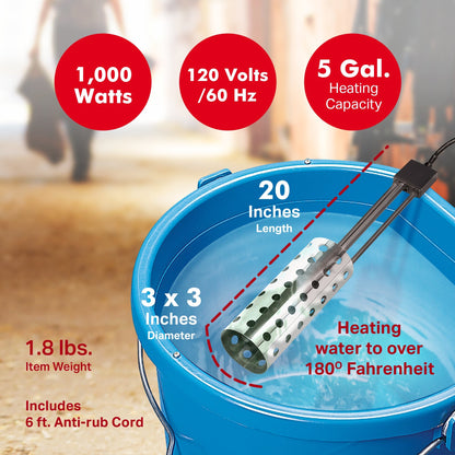 API 1000 Watt Thermostatic Pail or Bucket Water Heater with Wire Guard, Silver