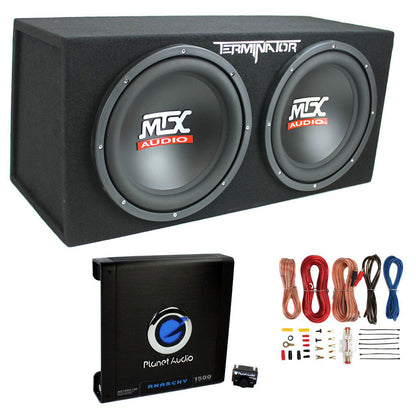 MTX TNE212D 12" 1200W Dual Loaded Car Subwoofers Box & Planet 1500W Amp with Kit - Find Fresh Goods