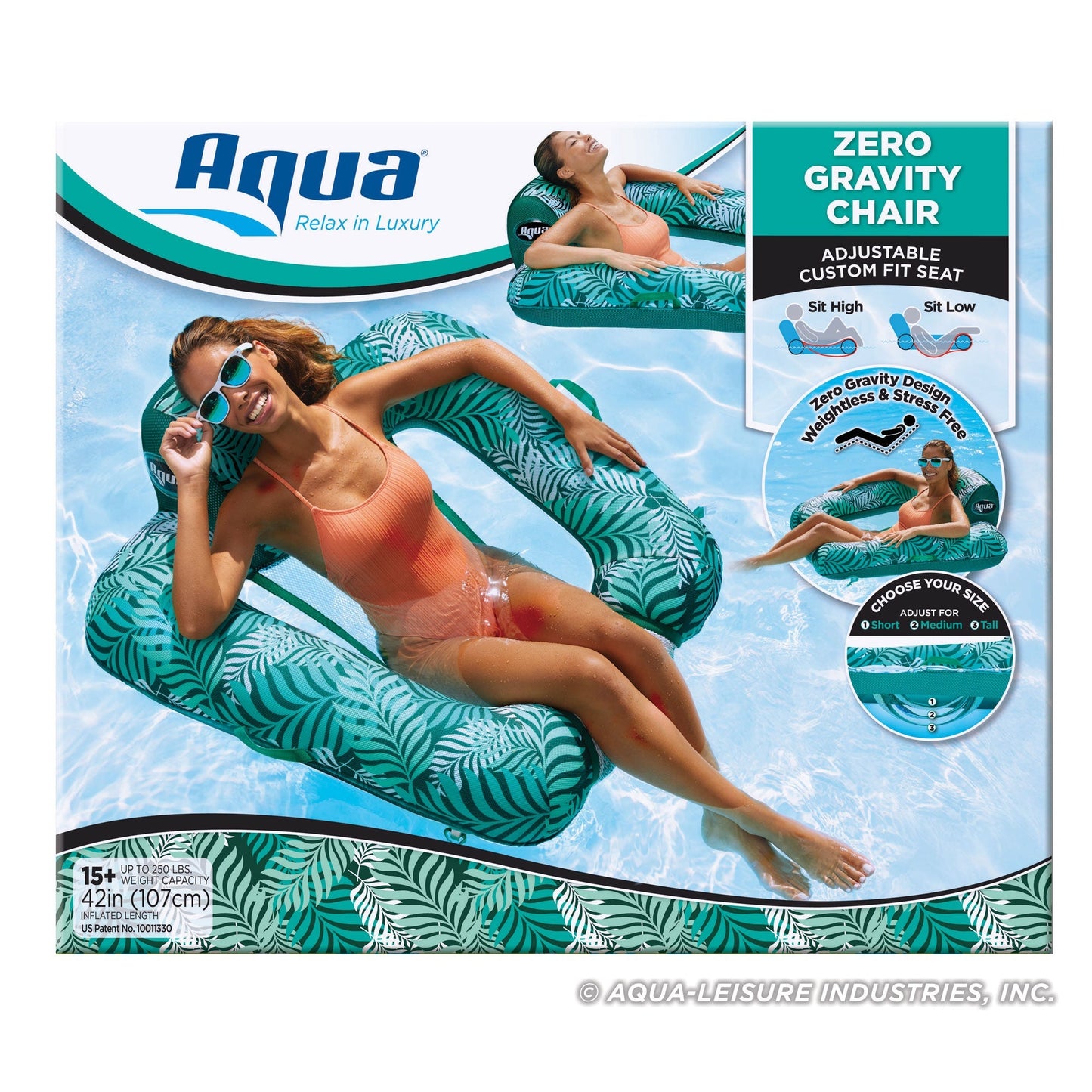 Aqua Zero Gravity Inflatable Pool Chair Lounge Float with Hand Pump, Teal Fern