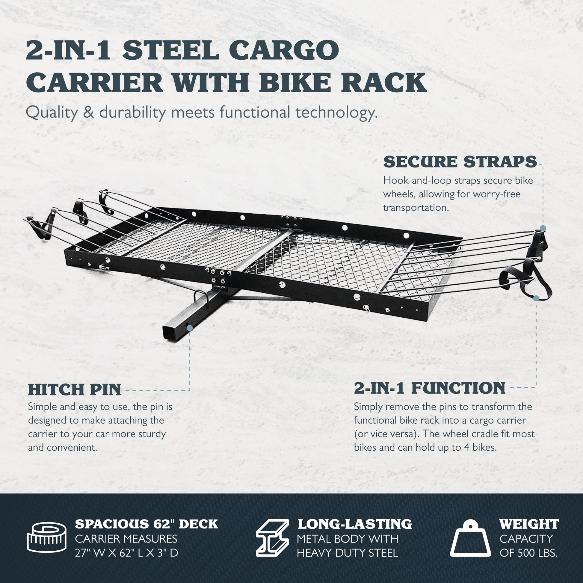 Tow Tuff 62 Inch Steel Cargo Carrier and Bike Rack, Fits All 2 Inch Receivers - Find Fresh Goods