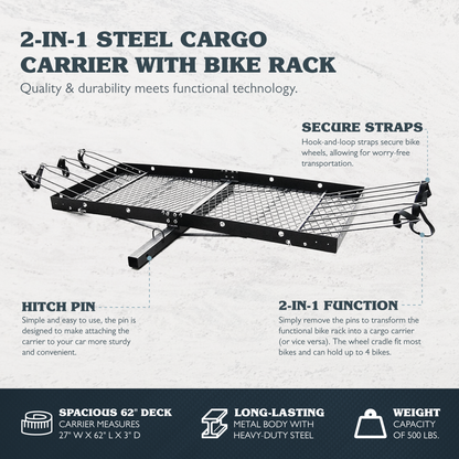Tow Tuff 62 Inch Steel Cargo Carrier and Bike Rack, Fits All 2 Inch Receivers - Find Fresh Goods