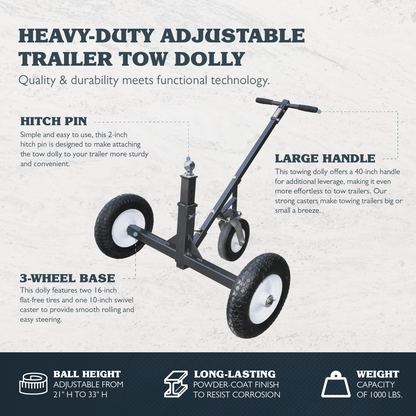 Tow Tuff TMD-1000C2 Adjustable Steel 1000 lb Heavy Duty Trailer Dolly w/ Caster - Find Fresh Goods