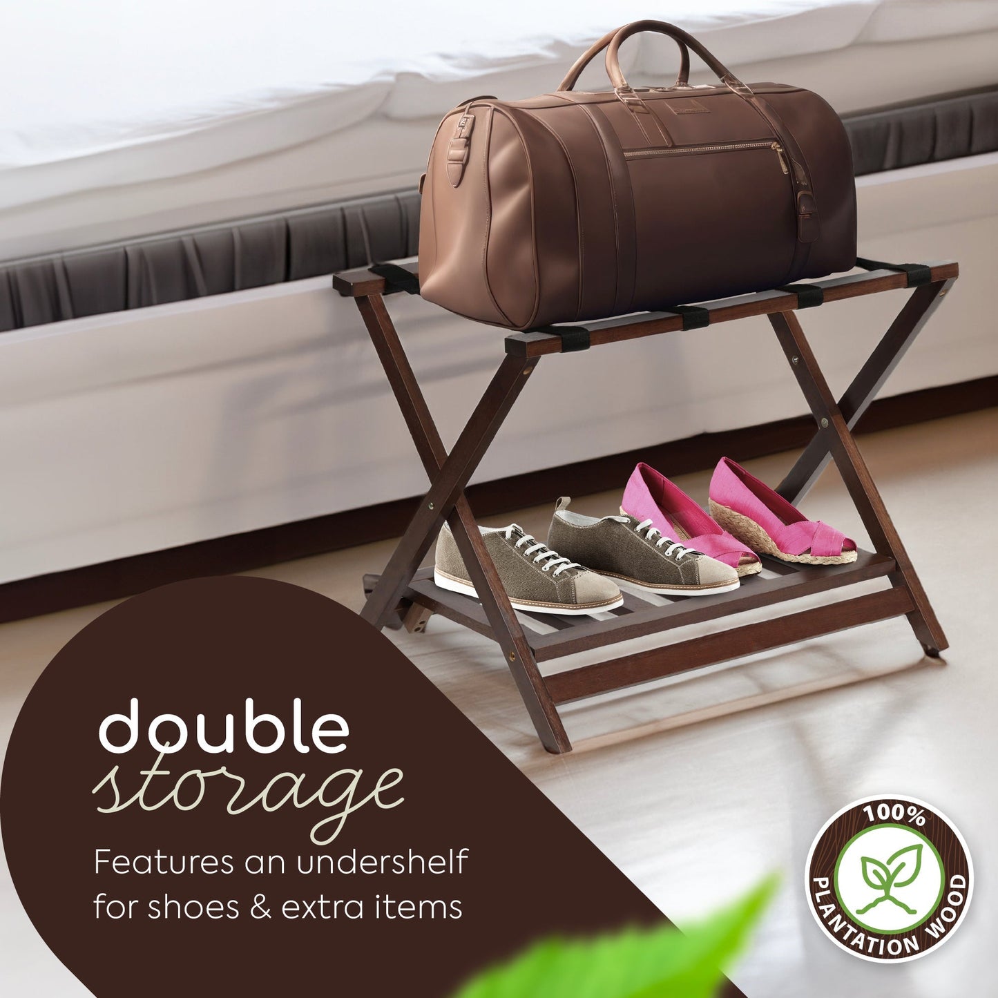 PJ Wood Hotel Style Wood Home Folding Suitcase Luggage Rack with Shelf, Walnut - Find Fresh Goods