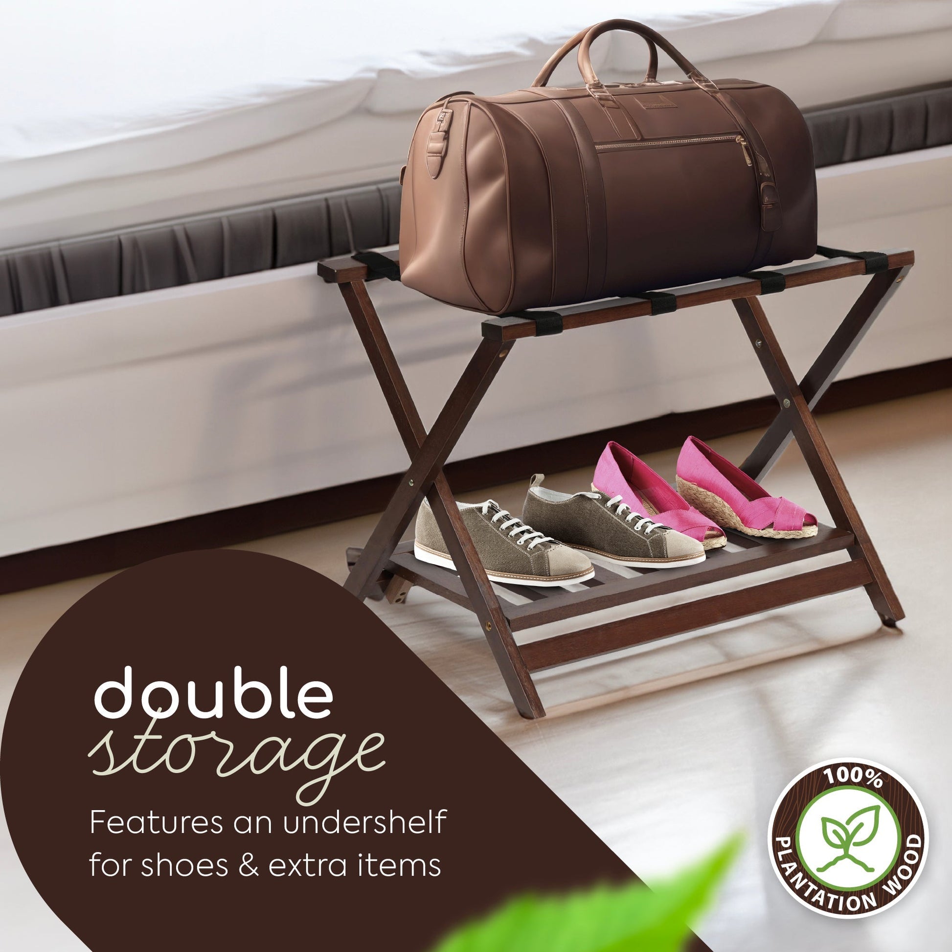 PJ Wood Hotel Style Wood Home Folding Suitcase Luggage Rack with Shelf, Walnut - Find Fresh Goods
