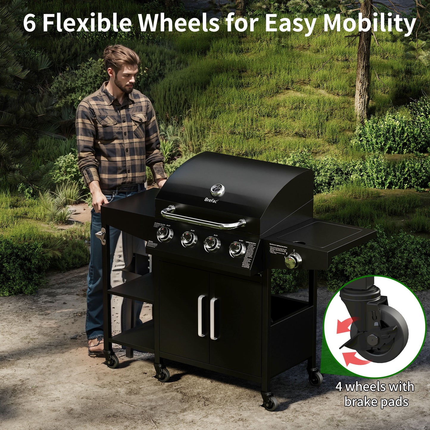 Brefac 4 Burner Propane Gas Grill with 3 Tier Shelf, 50000 BTU Outdoor Cooking Stainless Steel BBQ Grills Cabinet,Can be Placed Smoke Box，Black