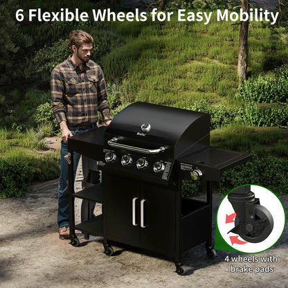 Brefac 4 Burner Propane Gas Grill with 3 Tier Shelf, 50000 BTU Outdoor Cooking Stainless Steel BBQ Grills Cabinet,Can be Placed Smoke Box，Black