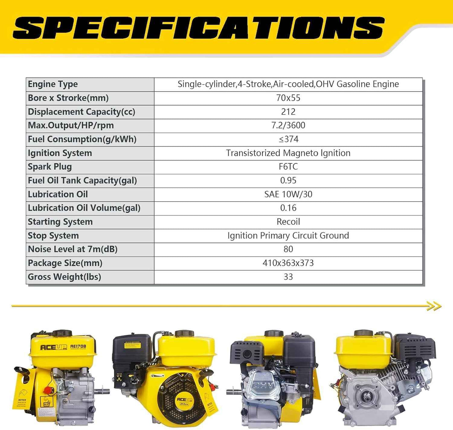 Aceup Energy 7HP 212cc Gas Engine Horizontal Shaft, 4 Stroke OHV Gas Motor, Shaft 3/4" (19mm) Diameter Recoil Start