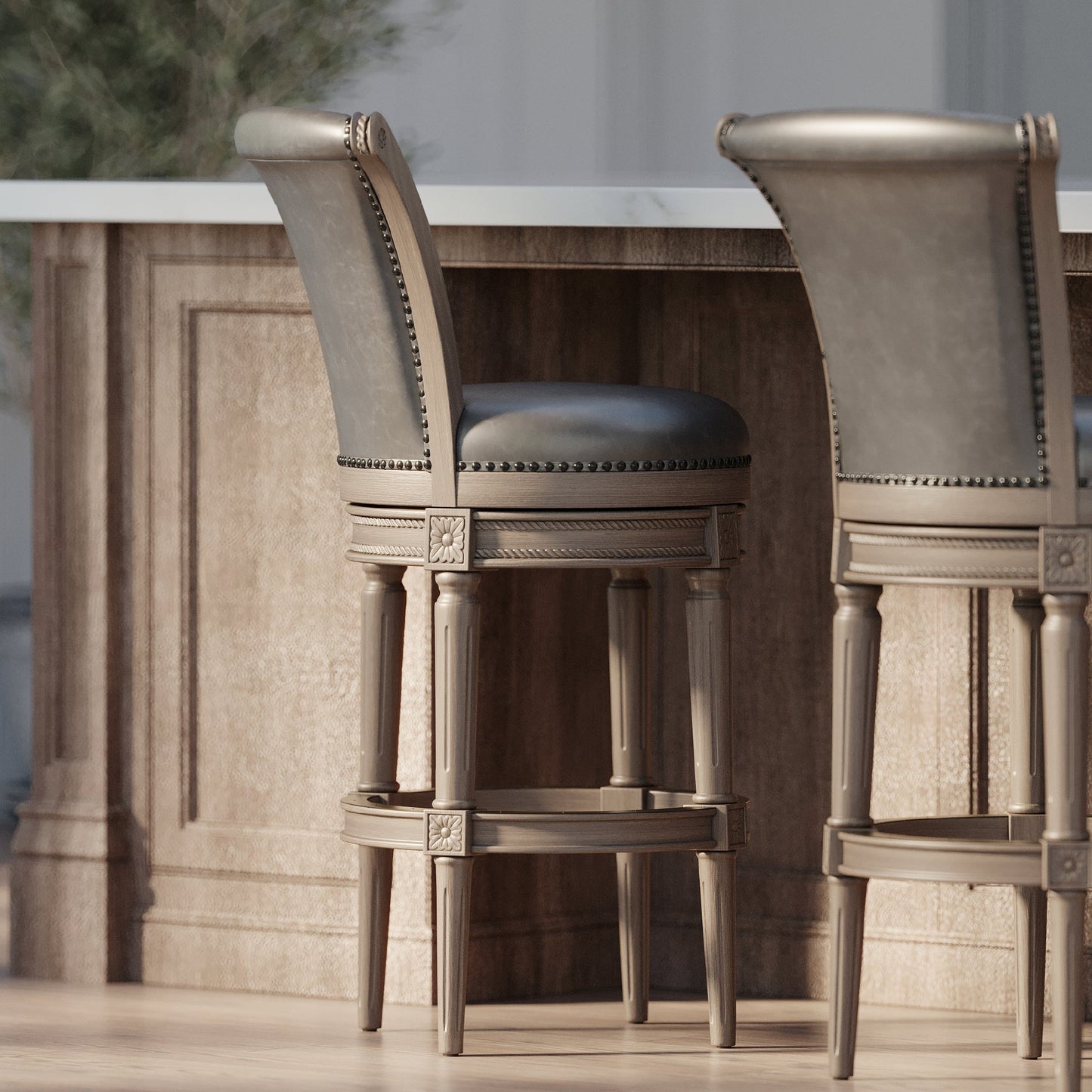 Maven Lane Pullman Bar Stool in Reclaimed Oak Finish w/Ronan Stone Vegan Leather