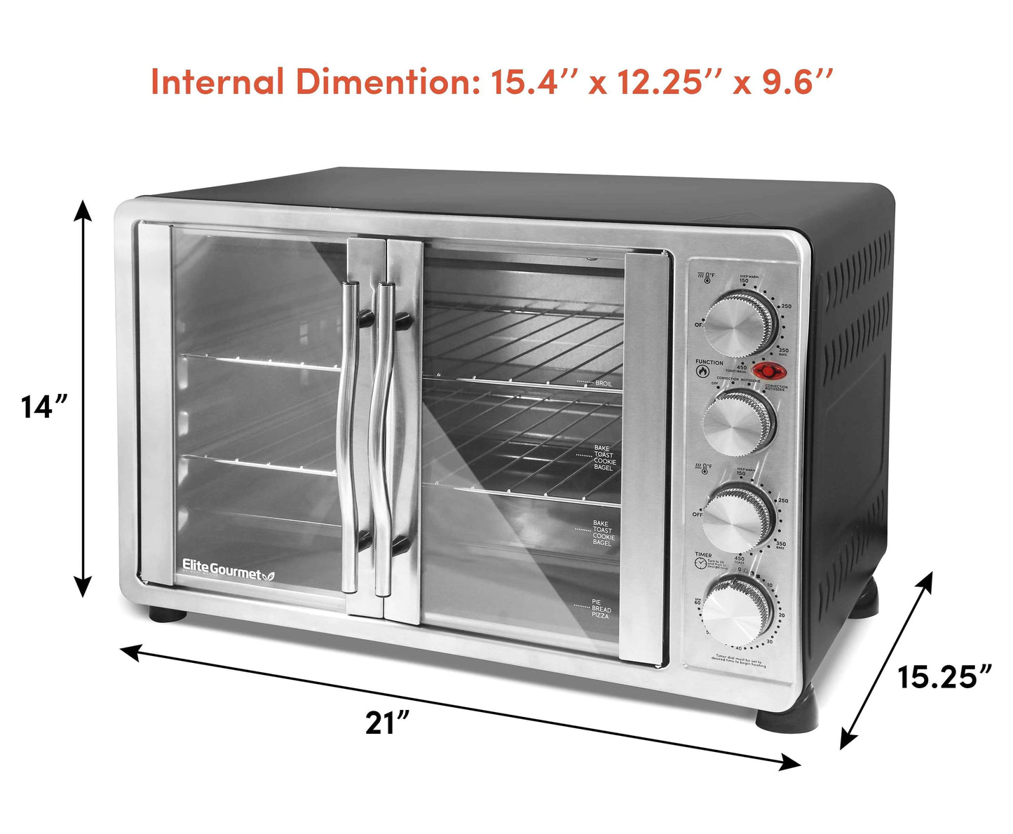 Elite Gourmet ETO-4510M New Double Door Oven with Rotisserie and Convection