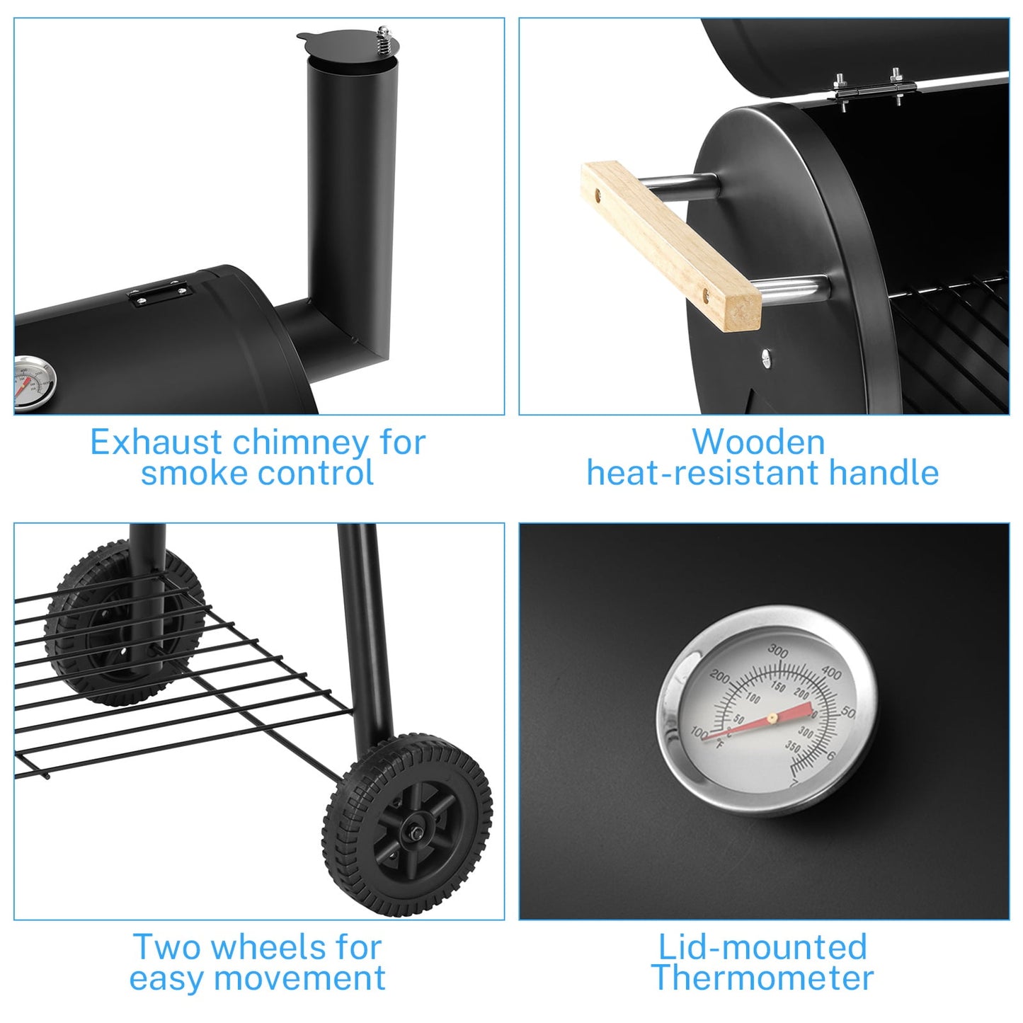 Segmart BBQ Charcoal Grill, 45.28-inch Length Portable Barbecue Grill, Offset Smoker Barbecue Oven with Wheels & Thermometer for Outdoor Picnic Camping Patio Backyard