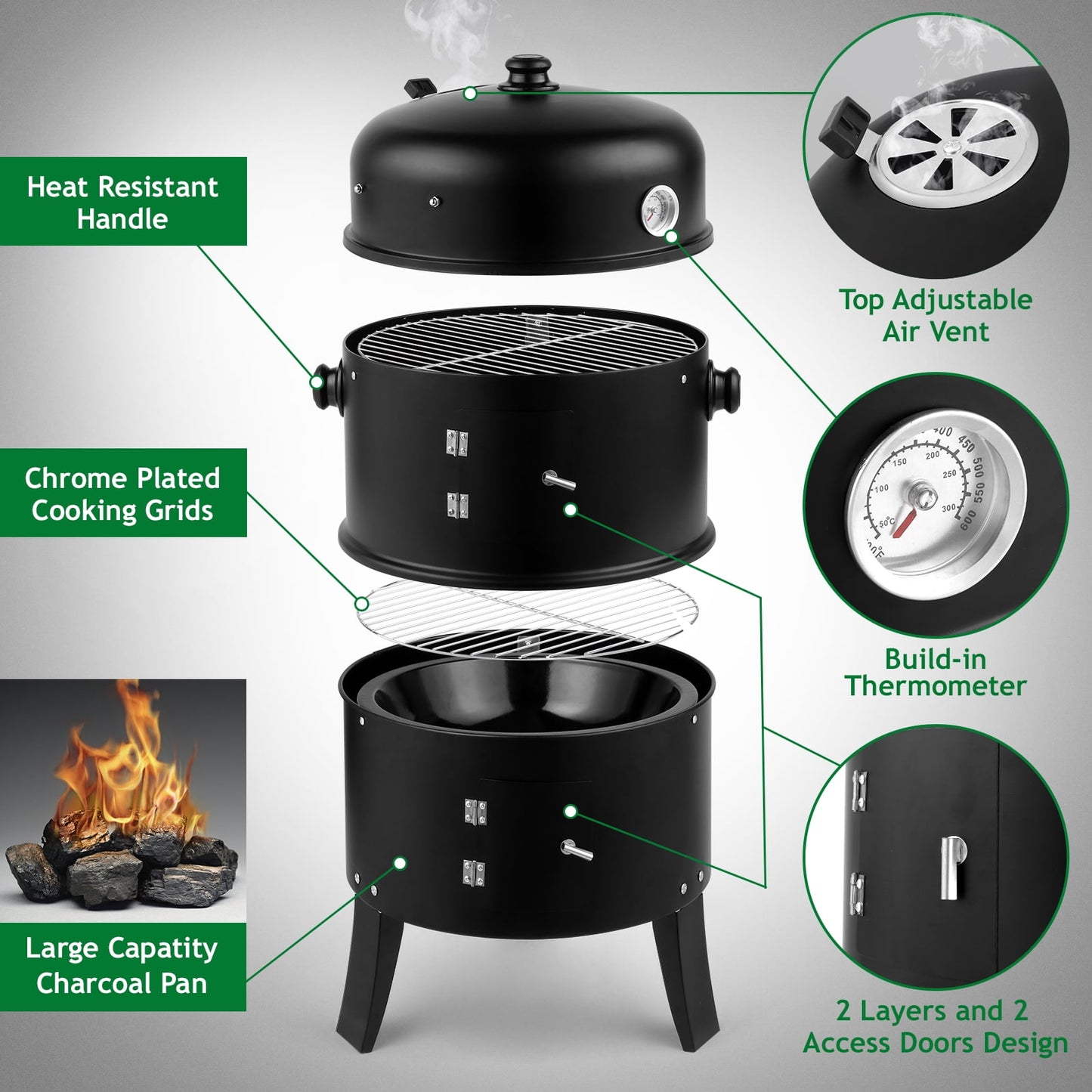 Zimtown BBQ Charcoal Grill Outdoor Barbecue Pit Smoker with 3 Levels Patio Backyard Black