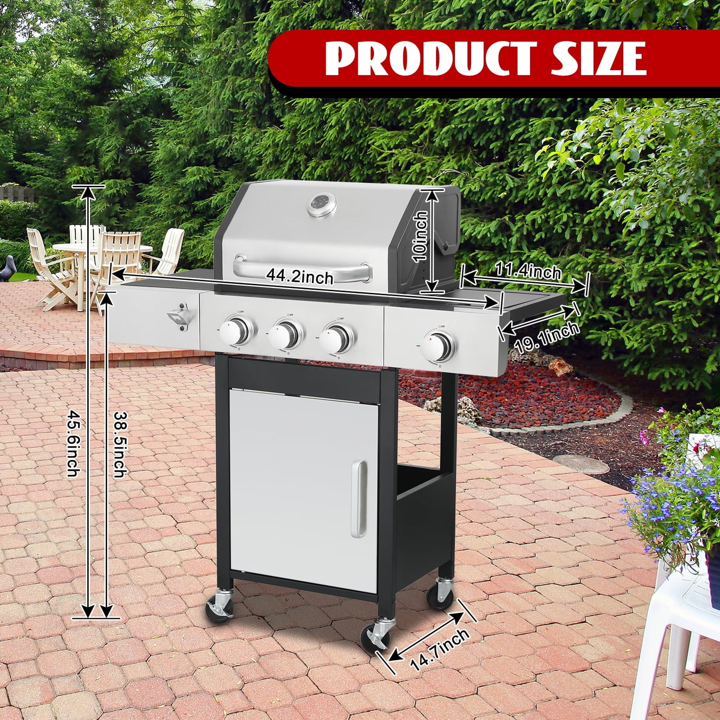 Nice Cooker 3-Burner Propane Gas Grill with Side Burner, 37000 BTU Outdoor BBQ Grill with Porcelain-Enameled Cast Iron Grates, Double Layer Lid, Built-in Thermometer Stainless Steel Grill for Outdoor