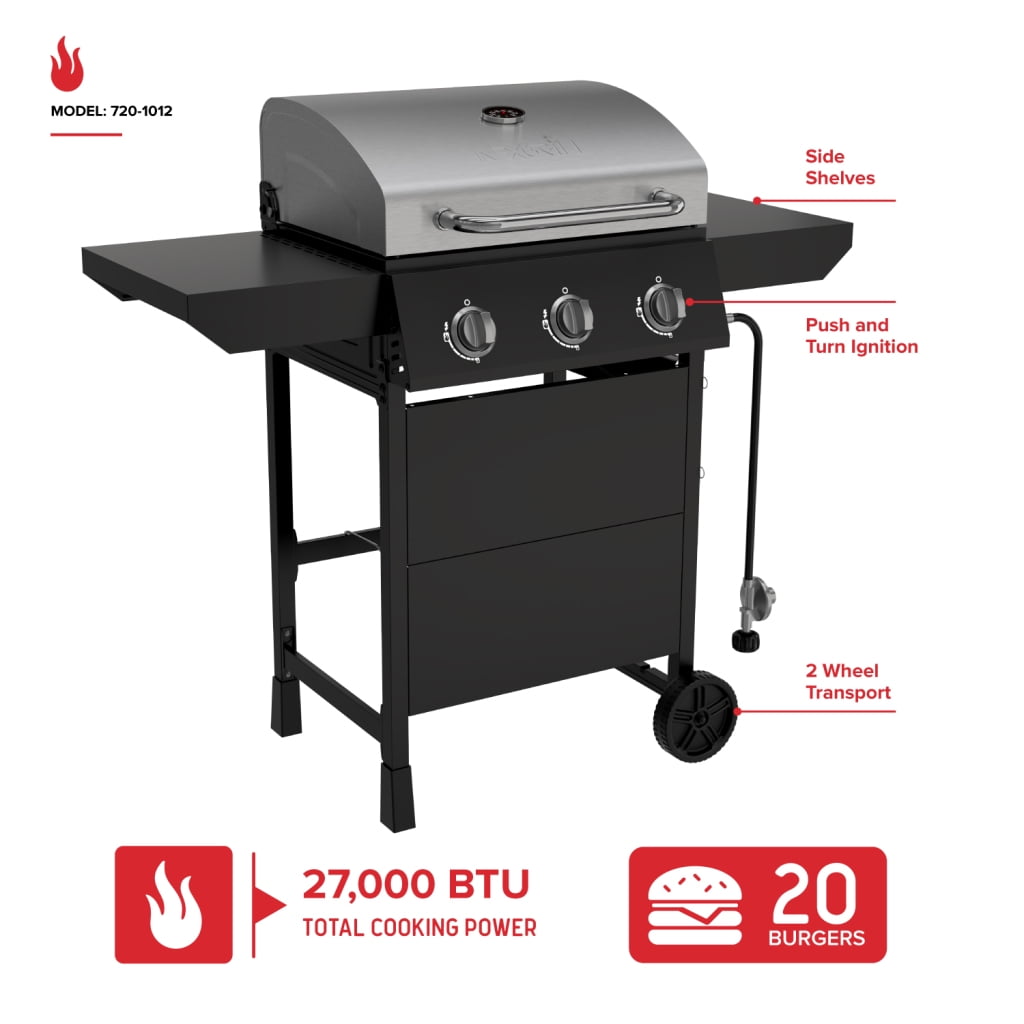 Nexgrill 3-Burner Propane Gas Grill with Side Tables, 27,000BTUs, Stainless Steel Lid, Spacious 429 SQ. In. Cooking Space, BBQ Grill for Outdoor Cooking, Patios, Parties, and More - 720-1012
