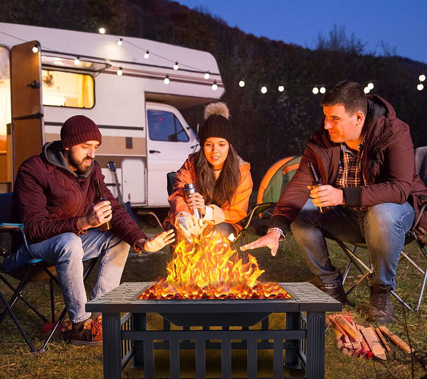 32'' Multipurpose Fire Pit, Outdoor Fire Pit Table for Net Lid/Poker, Square Bronze Firepit Stove for Outside Camping Backyard Bonfire