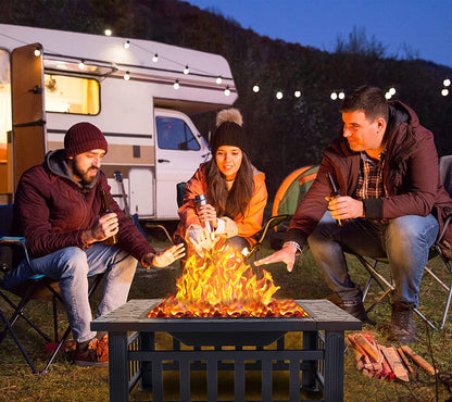 32'' Multipurpose Fire Pit, Outdoor Fire Pit Table for Net Lid/Poker, Square Bronze Firepit Stove for Outside Camping Backyard Bonfire