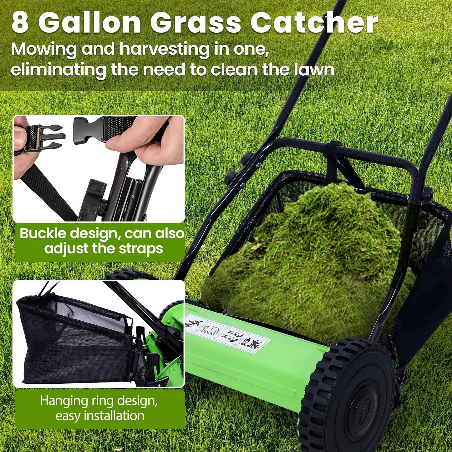 Seizeen Push Lawn Mower, 14-Inch 5-Blade Real Lawn Mover with Grass Catcher, 0.6’’-1.8’’ Height Adjustable Manual Lawn Mower with Bag, Green