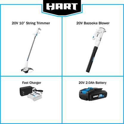 HART 20-Volt 10-inch String Trimmer/Bazooka Leaf Blower Combo Kit, (1) 2.0Ah Lithium-Ion Battery