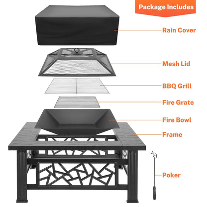 32" Fire Pits for Outside, SYNGAR Wood Burning Bonfire Fire Pit Table with Mesh Lid, Grate, BBQ Grill and Poker, Outdoor Metal Square Fire Pit for BBQ, Camping, Picnics, Backyard