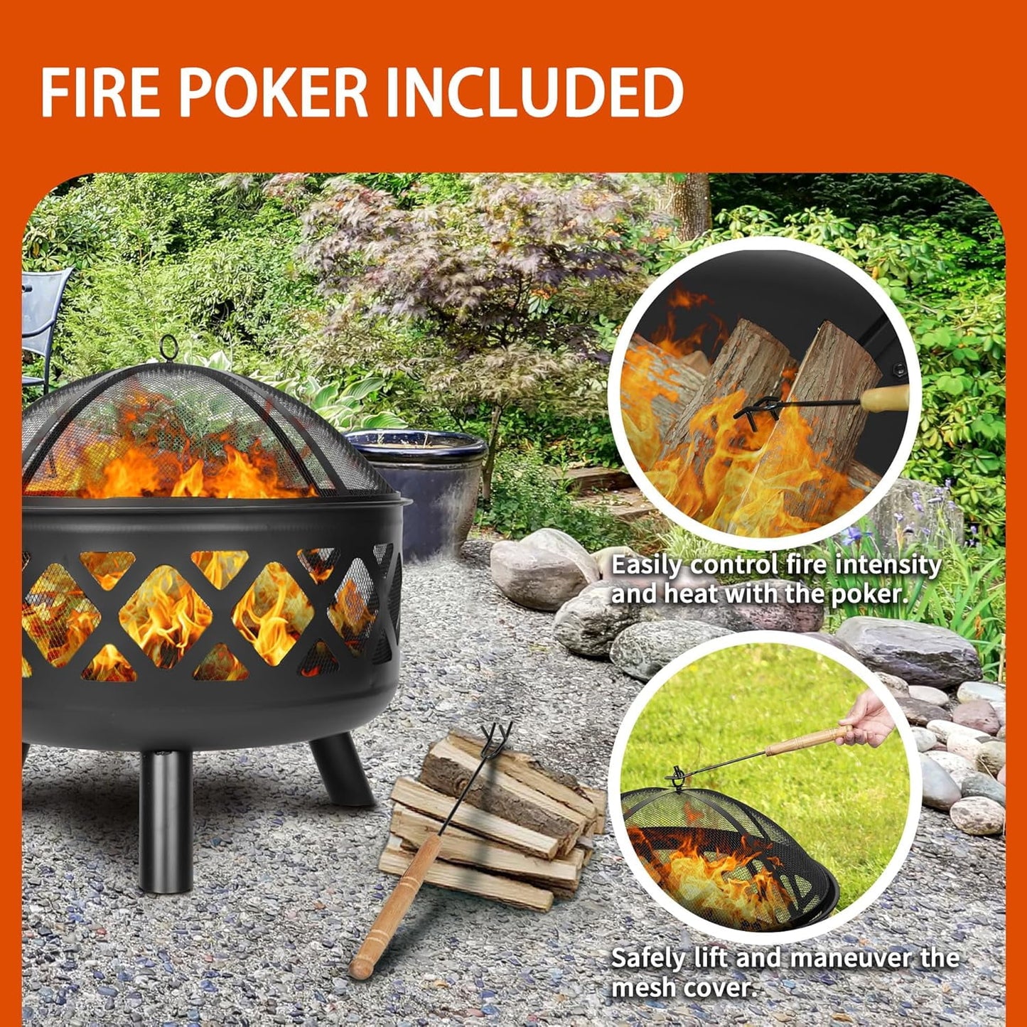 Red Mountain Valley Outdoor Wood Burning Fire Pit 24'' with Poker and Cover, 2-in-1 Functionality Cross-Woven Steel Fire Pits for Outside, Outdoor Fireplaces for Camping,BBQ, Patio,Backyard