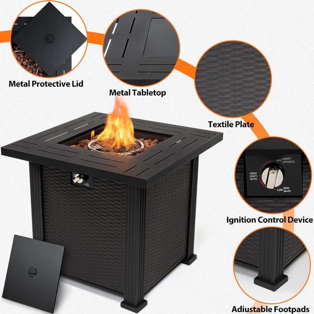 2-in-1 Propane Fire Pit Table, Outdoor Table with Fire Pit, 28 Inch 40,000 BTU Auto-Ignition Gas Fire Pit Table with Lid and Lava Rock, Square Fire Table for Yard Patio Garden