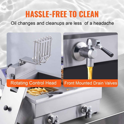 KFFKFF Industrial Dual Chamber Fryer, 3000W Electric Tabletop Cooking Unit with Basket, 2 x 11.6Qt/11L Twin Stainless Steel Oil Fryer with Oil Purification, Adjustable Time & Temperature