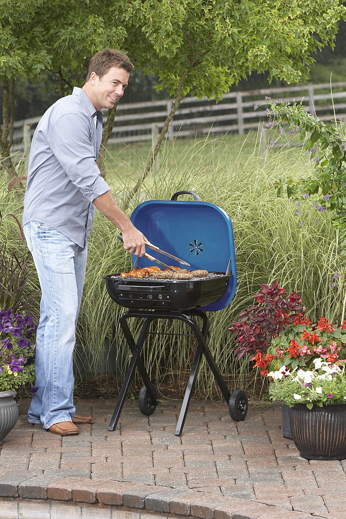 Americana Walk-A-Bout Charcoal Original Square Grill-100% Pre-Assembled Portable Steel, Blue