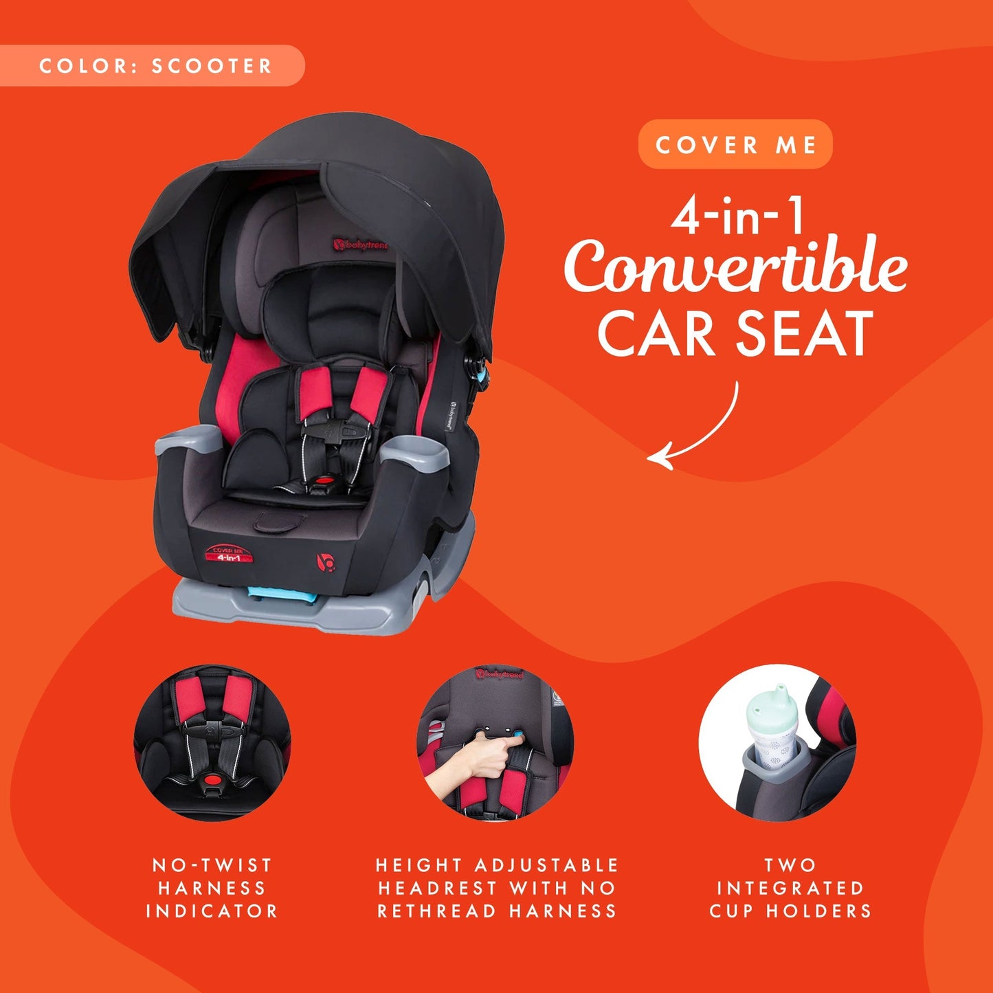 Baby Trend Cover Me 4 in 1 Convertible Car Seat w/ Canopy, Scooter (Black/Red)