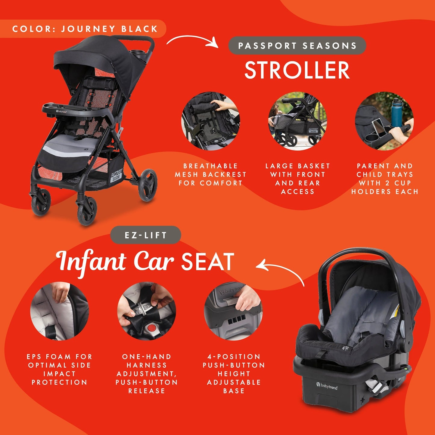Baby Trend Passport Seasons Travel Stroller with EZ-Lift Infant Car Seat, Black