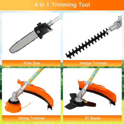 4 in 1 Weed Eater Grass Trimmer, Multi-Functional String Trimmer with Gas Pole Saw, Hedge Trimmer, Weed Trimmer, and Brush Cutter, Weed Eater for Patio Garden Lawn, 33CC 2-Cycle