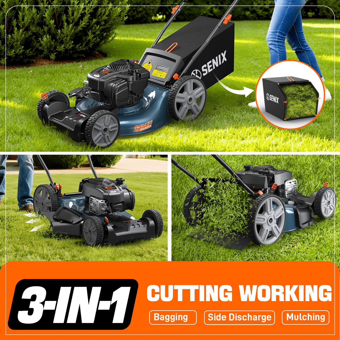 SENIX Self-Propelled Gas Lawn Mower 21in Cuttting Blade 22in Cutting Deck, 150 cc 4-Cycle Made in USA Briggs & Stratton Engine Push Mower, 3-In-1, 6-Height Adjustment, 11-In Rear Wheels, LSSG-M1