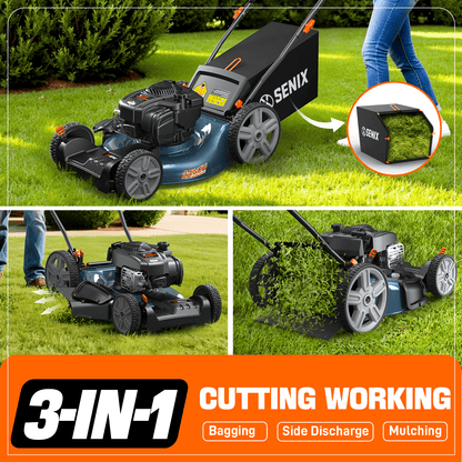 SENIX Self-Propelled Gas Lawn Mower 21in Cuttting Blade 22in Cutting Deck, 150 cc 4-Cycle Made in USA Briggs & Stratton Engine Push Mower, 3-In-1, 6-Height Adjustment, 11-In Rear Wheels, LSSG-M1
