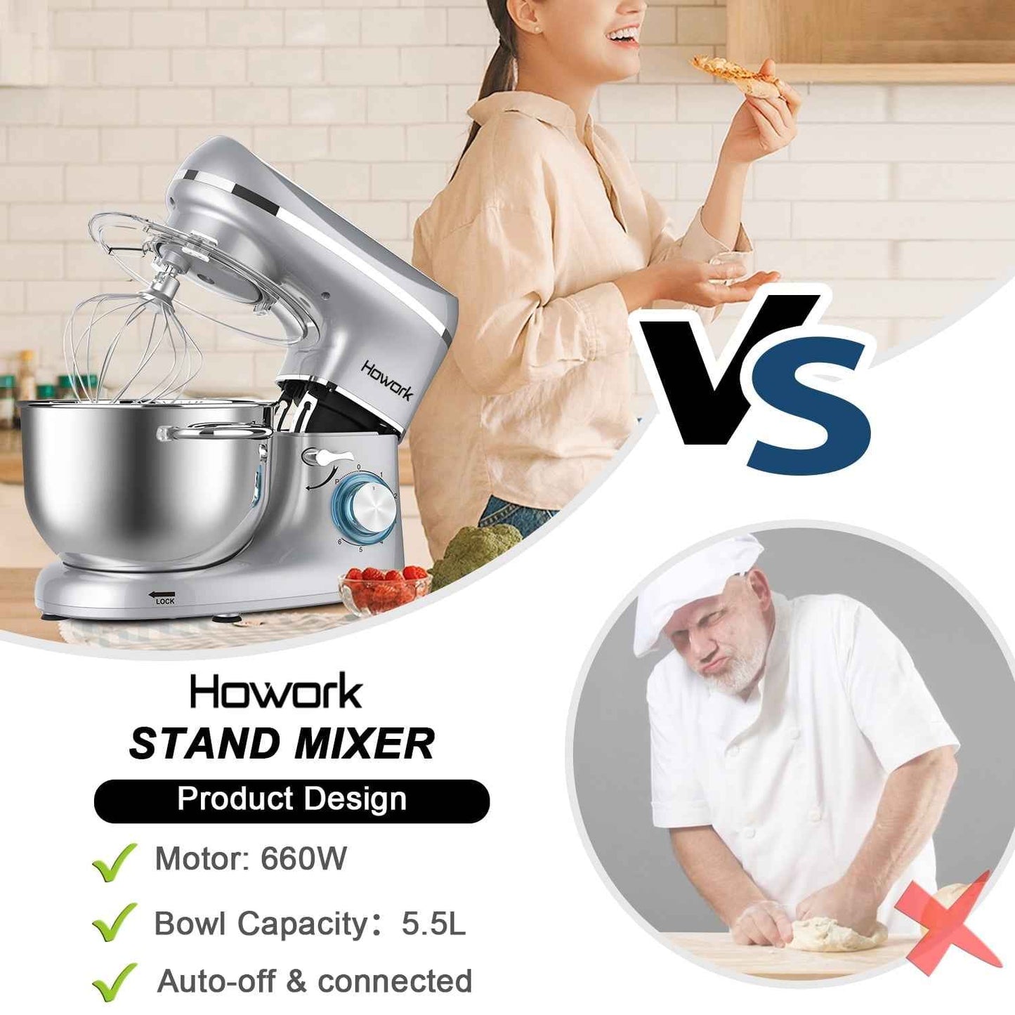 HOWORK 6.5-Qt Stand Mixer, Silver with Dough Hook, Beater, Whisk