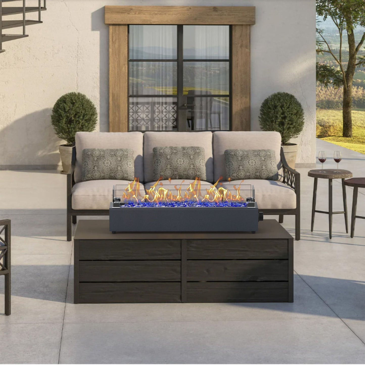 28-inch Table Top Gas Fire Pit, 40,000 BTU Tabletop Propane Fire Pit Portable Fireplace for Patio, Outdoor w/Wind Glass Shield, Glass Rocks, Carbon Gray