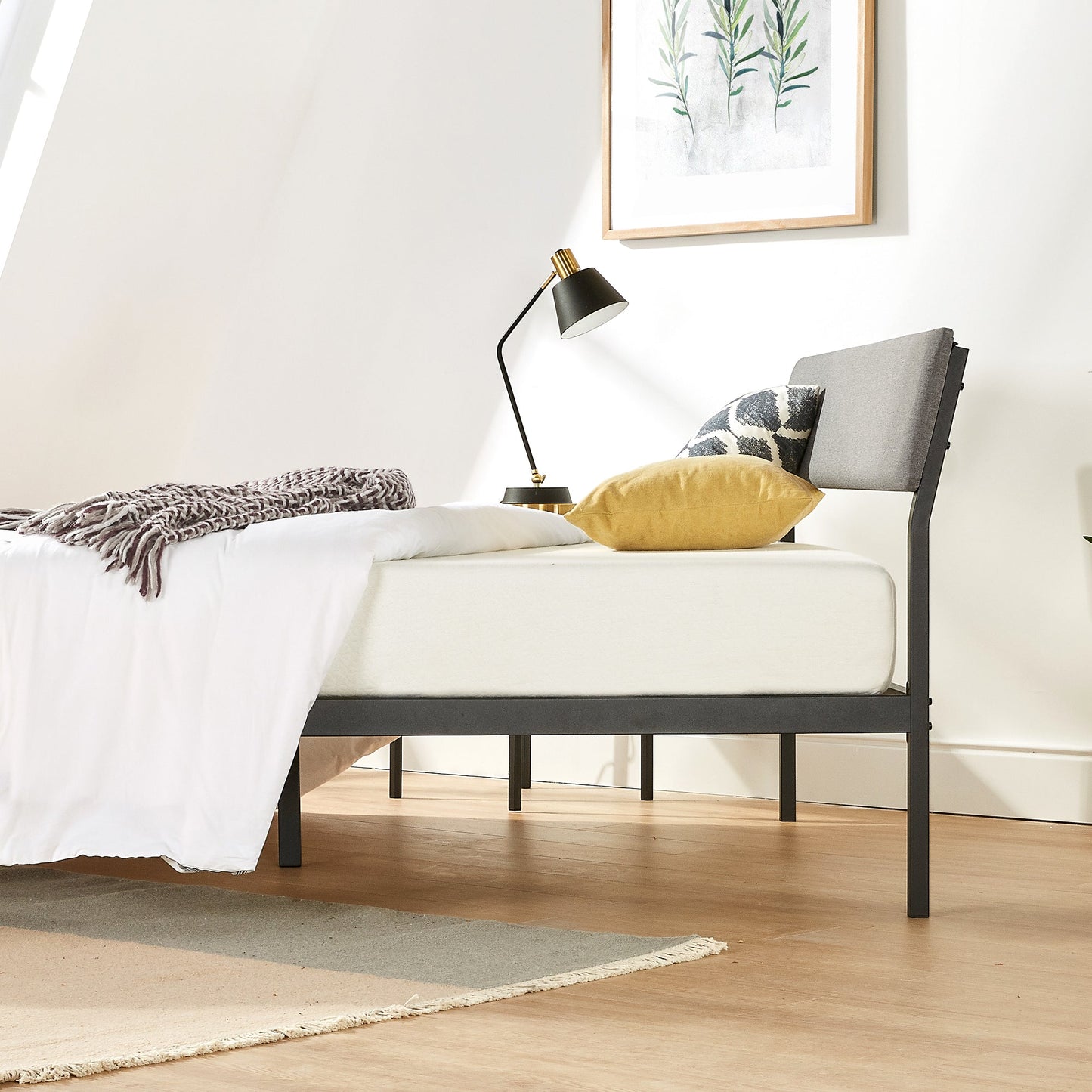 Mellow KERA Metal and Wood Platform Bed Frame with Angled Headboard, King, Black