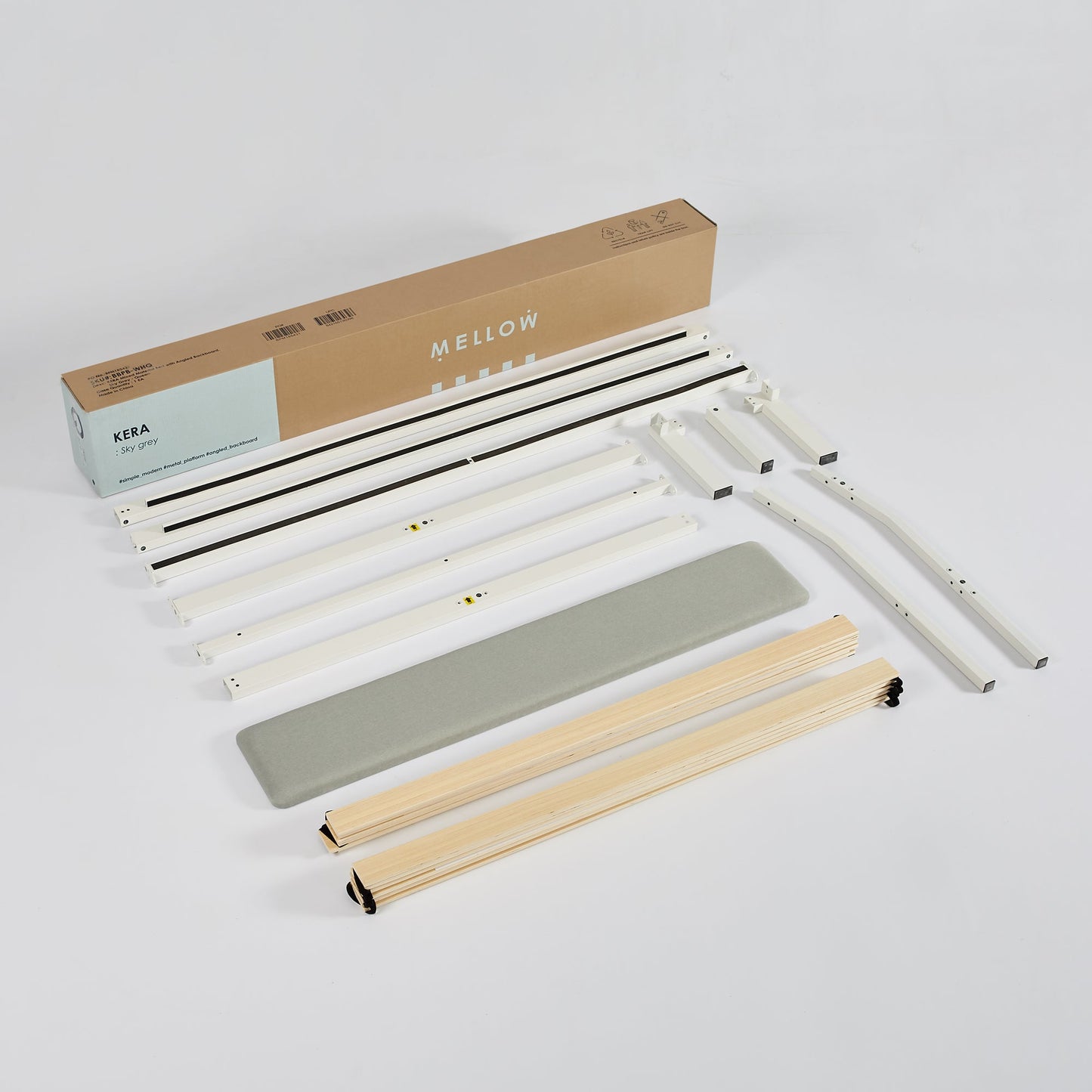 Mellow KERA Metal and Wood Platform Bed Frame with Angled Headboard, Full, White