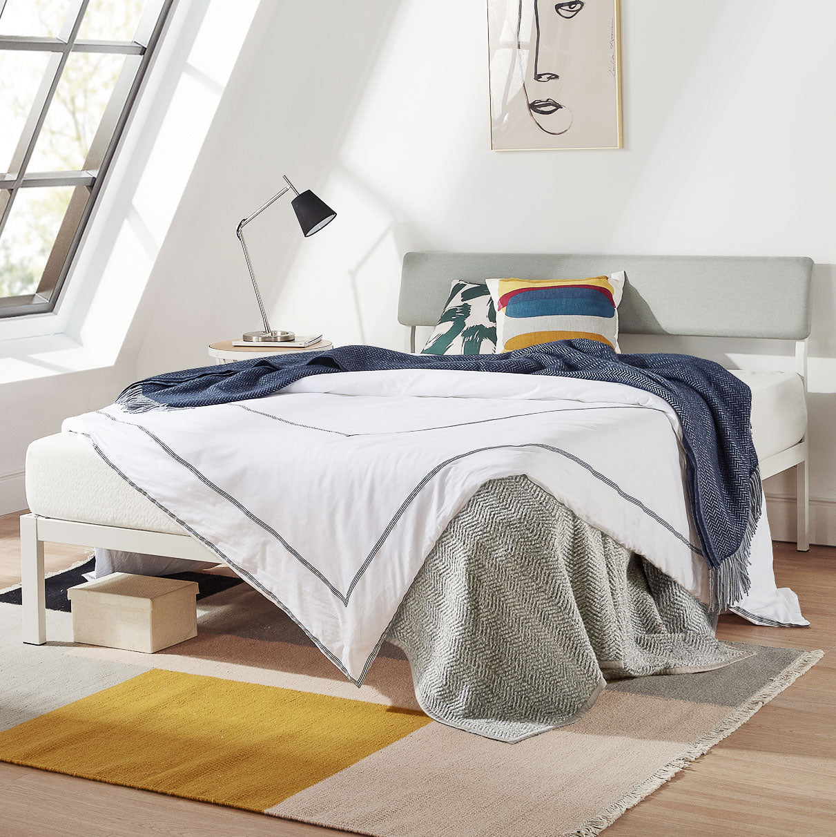 Mellow KERA Metal and Wood Platform Bed Frame with Angled Headboard, Full, White