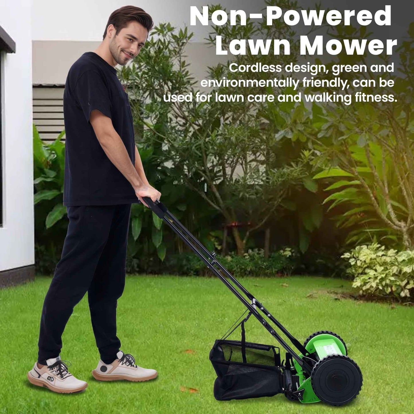 Seizeen Push Lawn Mower, 14-Inch 5-Blade Real Lawn Mover with Grass Catcher, 0.6’’-1.8’’ Height Adjustable Manual Lawn Mower with Bag, Green